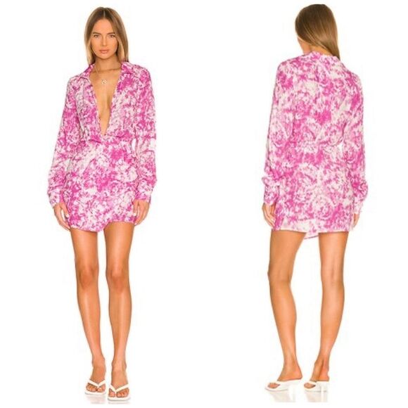 NEW For Love & Lemons Devon Shirt Pink & White Mini Dress Small - Picture 1 of 14